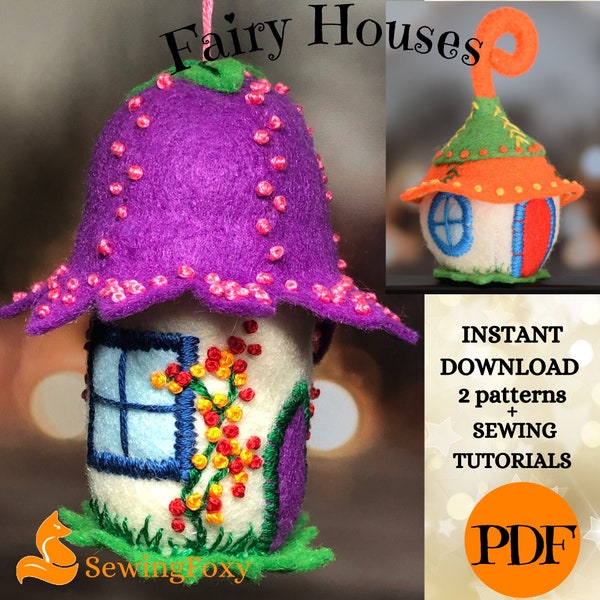 Patrones de costura de casa de hadas de fieltro PDF, pequeños adornos navideños DIY, patrones de casitas de peluche de fieltro, tutoriales de costura