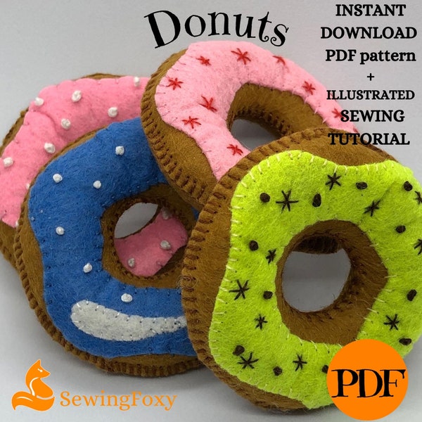 Donuts Felt Toy Food Sewing Pattern PDF and Illustrated Tutorial PDF Digital Download Eco Friendly Cat Toy