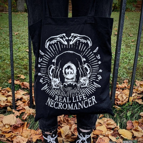 REAL LIFE NECROMANCER, Black screen printed tote bag | Vulture culture | Gothic alternative | Oddities & Curios | Cat skull art | Whimsigoth