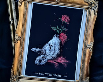 Gothic Beauty in Death Deer handgemaakte kunstafdruk, macabere schilderij reebruine bloemen Hannibal Horror