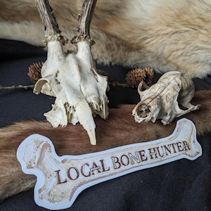 Op de afbeelding: Een opstelling van dierlijke schedels en een botvormige sticker. De schedels omvatten een hertschedel met geweien en een kleinere schedel. De sticker leest "LOCAL BONE HUNTER" in bruine tekst op een wit bot.