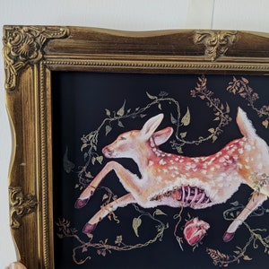 May include: A framed art print featuring a fawn with exposed ribs and a heart, set against a black background. The fawn is depicted in shades of white and peach with brown spots, surrounded by gold vines. The frame is ornate, gold-colored.