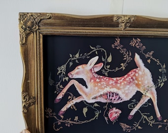 Gothic Fawn with Flowers Handmade Art Print, Deer Oddities & Curiosities Nature Decay Horror Cottagecore