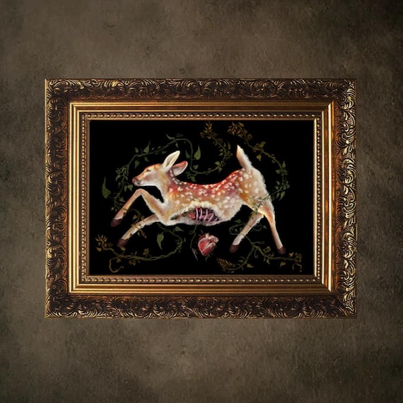 Gothic Fawn Giclée Poster Print, Macabre Nature Deer Art Botanical Flowers Hannibal Horror