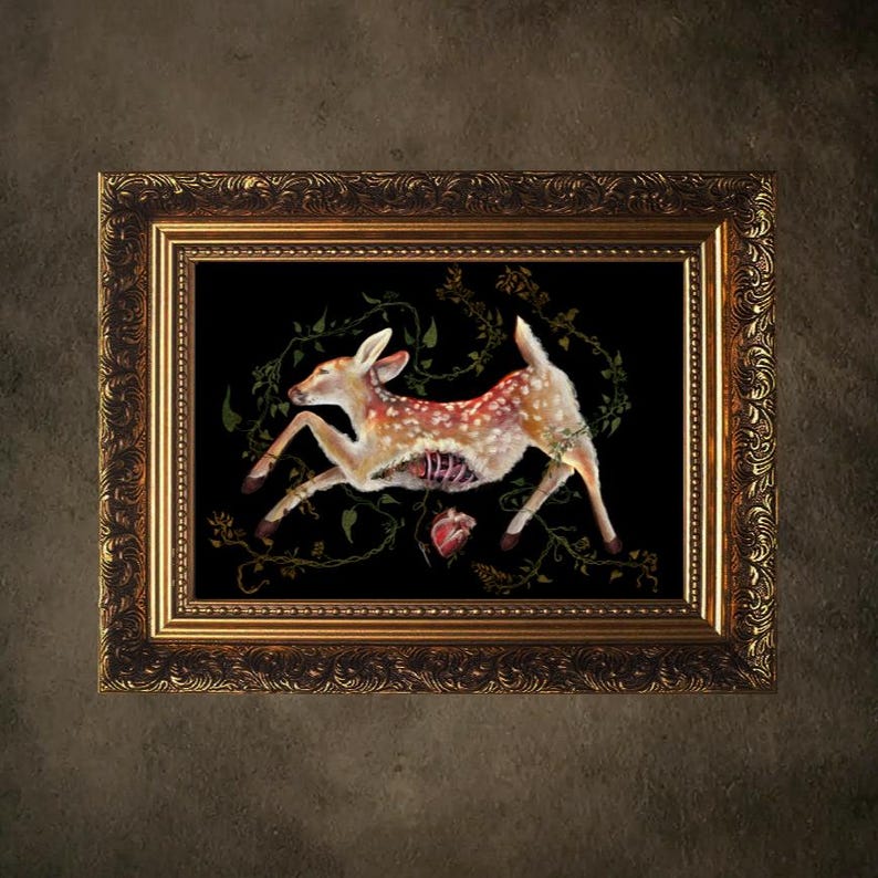 Impresión giclée de póster de cervatillo gótico, naturaleza macabra, ciervos, arte botánico, flores, horror de Aníbal imagen 1