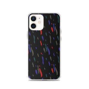 May include: A black smartphone case with a colourful abstract design. The pattern includes vertical brushstrokes in red, blue, green, and grey. The case is shown on a white background.