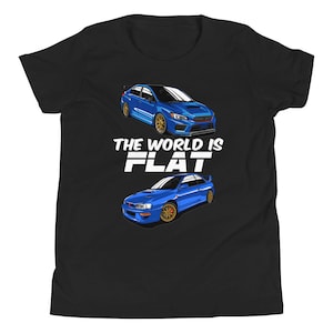 May include: Black t-shirt with a graphic of two blue cars with gold rims. The text "THE WORLD IS FLAT" is printed in white between the cars. The cars are a modern sedan and a classic coupe.