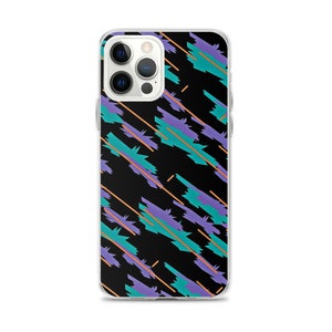 May include: A clear phone case featuring a black background with a repeating pattern of teal, purple, and orange diagonal lines. The case has cutouts for the camera and buttons.