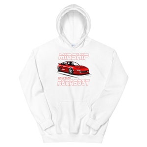 May include: White hoodie featuring a red car illustration and the text "MIDSHIP" and "RUNABOUT" in pink.