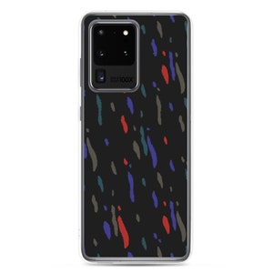 May include: Black smartphone case with a colourful abstract pattern. The case features a design of vertical brushstrokes in red, blue, green, and grey. The phone case has a clear border and a camera module.