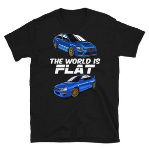 May include: Black t-shirt with illustrations of two blue cars with gold wheels. The top car is a modern saloon, and the bottom car is a classic coupe. The text "THE WORLD IS FLAT" is printed in white between the cars. A graphic tee for car lovers.