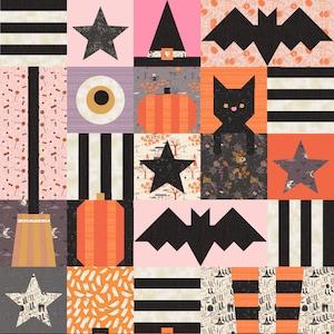 Puede incluir: Un bloque de colcha de retazos colorido con imágenes de temática de Halloween, que incluyen calabazas, murciélagos, estrellas, un sombrero de bruja, un gato negro y bastones de caramelo. El bloque está hecho de varias telas en negro, blanco, naranja, rosa y morado.