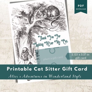 Porte-cartes cadeau imprimable sitter chat, illustrations victoriennes du chat du Cheshire par John Tenniel, les aventures d'Alice au pays des merveilles Lewis Carroll