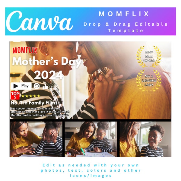 MOMFLIX Photo Collage, MOMFLIX Canva Frame Template, Mother's Day Gift, Drag and Drop, Edit In Canva