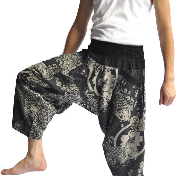 AHP Pantalon de style japonais pour homme Taille unique noir Design japonais fleur logo poisson lotus