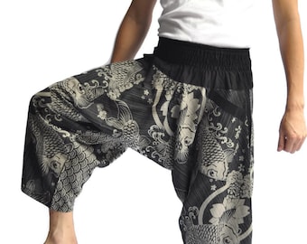 Calças masculinas estilo japonês AHP tamanho único preto design japonês flor logotipo peixe lótus