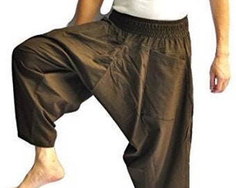 100% Cotton Japanese Style Harem Pants – Unisex Brown Fisherman Trousers