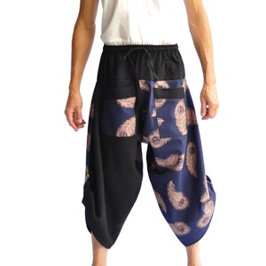 Wide leg yoga pants,  tribal pants, shorts for men, plus size harem pants, beach shorts, fisherman pants, thai massage pants. blue feather