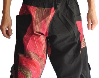 Pantalon de style japonais pour hommes Noir Design japonais chemisiers taille plus, sarouel en coton, pantalon thaïlandais, pantalon de nuit pour hommes peinture rouge clair
