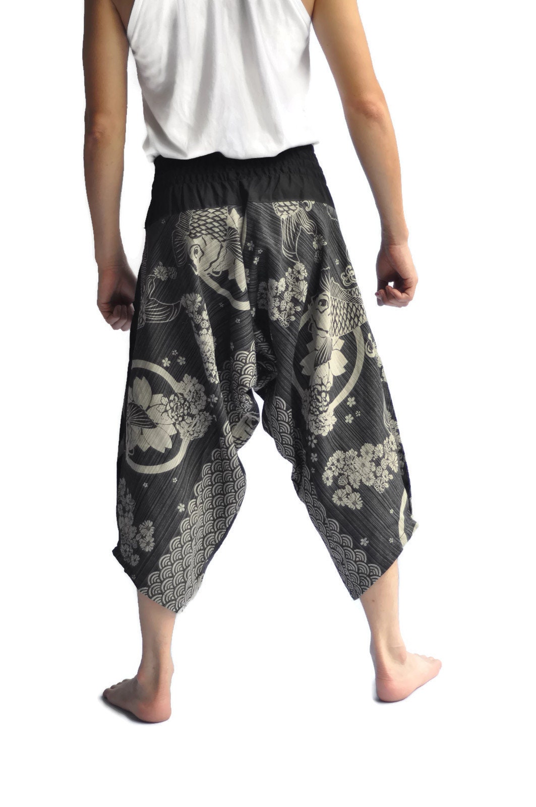 AHP Men's Japanese Style Pants One Size Black Japanese Design Flower
