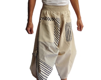 Thai fisherman pants Men Japanese Style Pants One Size white thai art Design unisex cotton travel clothes trousers off white line desing