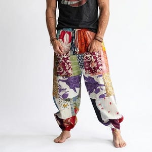Men Fashion Harem Pants Samurai Pants Yoga Pants Casual Cotton Bottoms Hakama, baggy harem pants, patch work red pocket