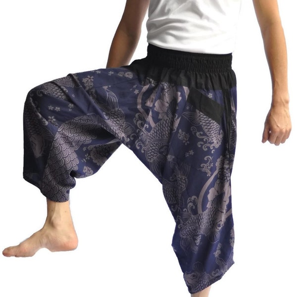 Men Harem pants Samurai Pants Men's Fashion Harem Pants Yoga Pants Casual Cotton Bottoms pants Aladdin baggy pants fisherman Fish lotus blue