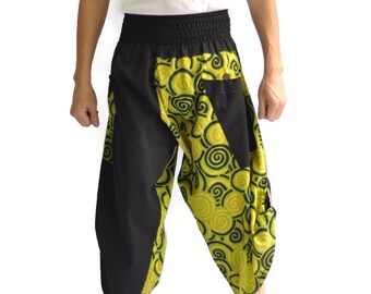Pantalones tailandeses, pantalones hakama, ropa japonesa para hombre, pantalones harén para hombre, ropa japonesa, diseño de círculo verde, los mejores pantalones