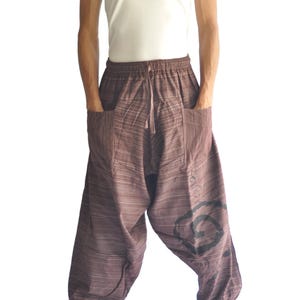 Harem Pants Samurai Pants Men's Fashion Harem Pants Yoga Pants Casual Cotton Bottoms Hakama, Thai woven art painting design brown Talisma