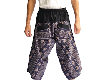 Elephant Print Harem Pants: Japanese Samurai Style, Navy Blue