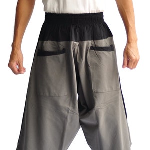 Harem pants,Thai pants,yoga ,baggy pants,Thai fisherman pants,Harem pants,Men&#39;s Japanese Style Pants One Size,Hakama, Grey side black design