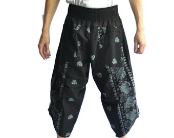 Haremshose Samurai Hose Herrenmode Haremshose Yogahose Lässige Baumwollböden Schwarze Hose Japanisches Design Dreieck Grafikdesign