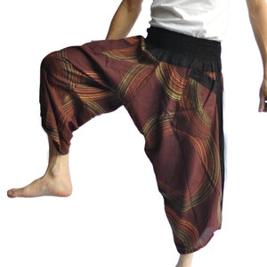 Thai fisherman pants, Men yoga pants, Harem pants, Hakama, baggy harem pants, shorts pants, wholesale harem pants, Brown pants Circle paint