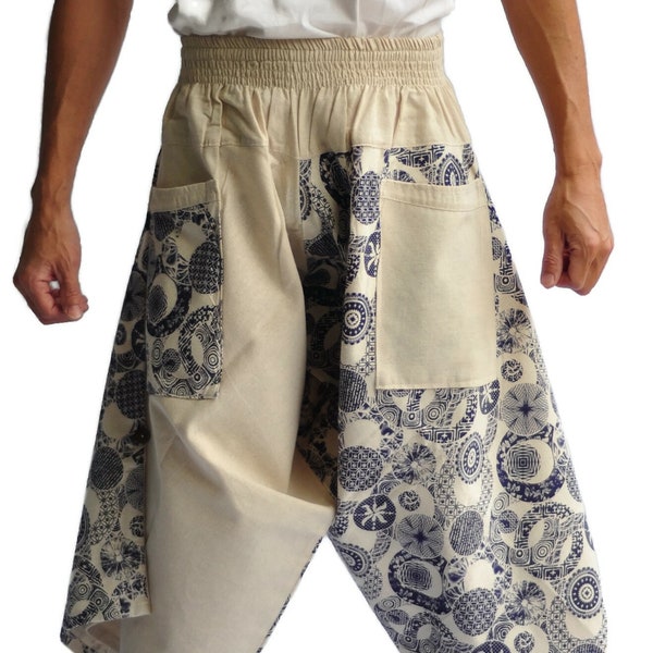 Pantalones de pescador tailandeses Pantalones de estilo japonés para hombre Talla única Círculo negro y azul Diseño japonés Hakama, pantalones harem holgados pantalones cortos samurai
