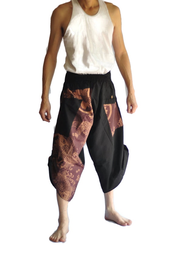 Men's Japanese Style Pants One Size Black Painting Fish Design