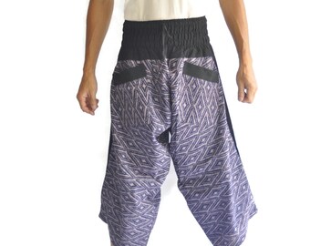 Pantalones tipo harén, pantalones samurái, pantalones de moda masculina, pantalones de yoga, pantalones casuales de algodón con diseño de diamante azul.