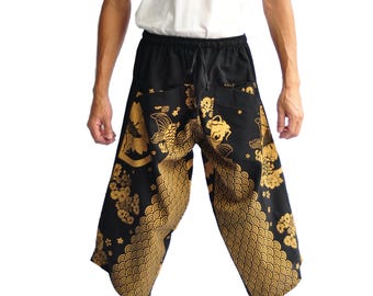 AHP Men&#39;s Japanese Style Pants One Size Japanese Design samurai pants japanese pants yoga pants thai fisherman pants black fish lotus Gold