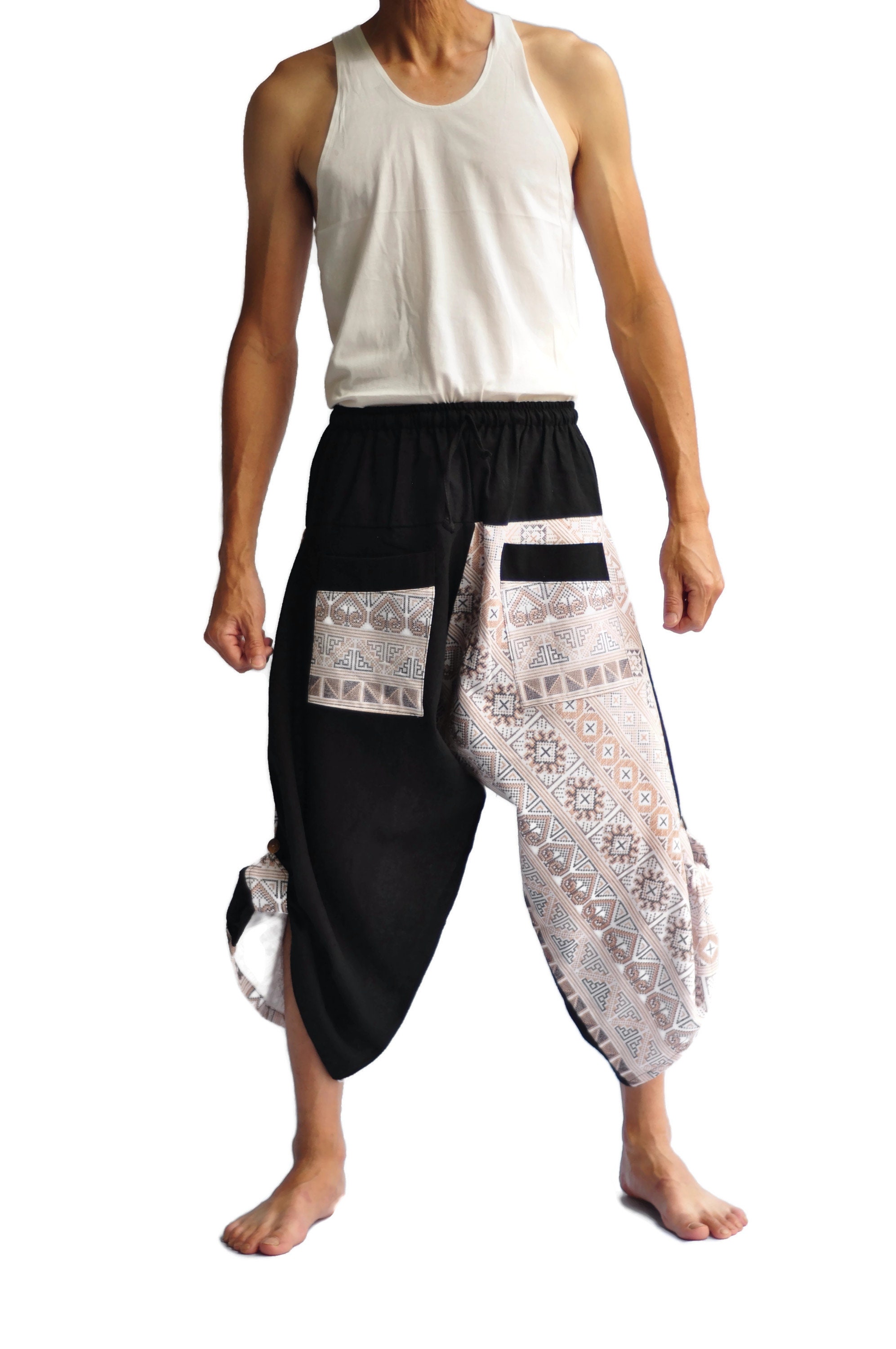 Generisch Pantalon Sarouel En Lin Léger Baggy Pour Homme - Style Japonais - Pantalon Ninja - Jambes Larges - Pantalon D'été - Pantalon Long Et Aéré - Avec Poches - Confortable - Décontracté, Noir , L