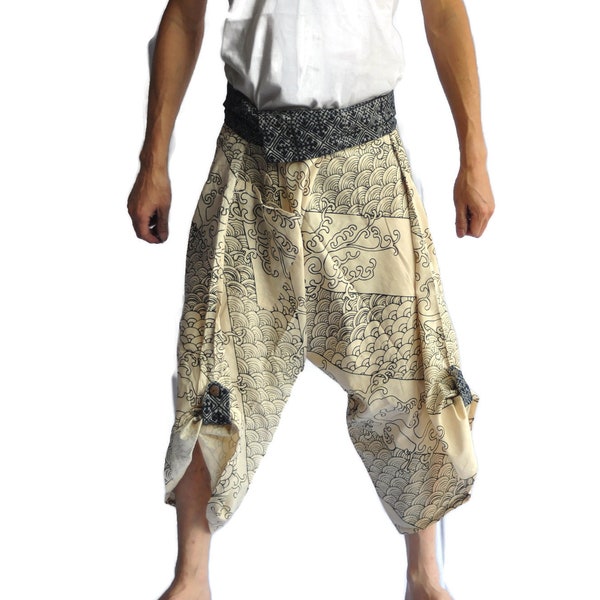 Pantalon bouffant original, pantalon thaïlandais, sarouel en gros, modèle de pantalon thaïlandais, pantalon de pêcheur thaïlandais, pantalon de massage thaïlandais, vague de poisson bleu blanc