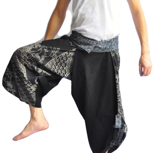 Sarouel décontracté pour homme, pantalon de pêcheur, pantalon d'été pour homme, sarouel thaïlandais, vêtements japonais, pantalon ample, sarouel, dragon noir de la mer