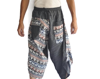 Pantalones originales de cintura alta, ropa hippie, mono estampado Pantalones Harem para hombre Diseño Pantalones estilo japonés Talla única Elefante negro
