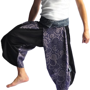 Harem Pants Samurai Pants Men's Fashion Harem Pants Yoga Pants Cotton Bottoms Hakama, bottoms men, Blue circle puzzled design, Spiral pants