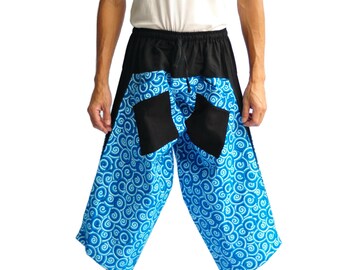 Men's Japanese Samurai Pants: Blue Circle Cotton Harem Pants