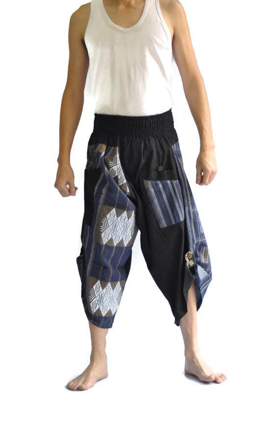 Thai Fisherman Pants Men Japanese Style Pants One Size Black and Blue Thai  Art Design Unisex Cotton Travel Clothes Trousers Trouser Fashion 