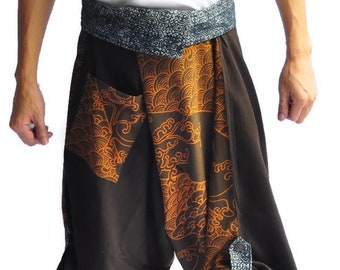 Haremshose Samurai Hose Herrenmode Haremshose Yogahose Lässig Baumwollböden Braune Hose Japanisches Design, Braun Drachenwelle Hose