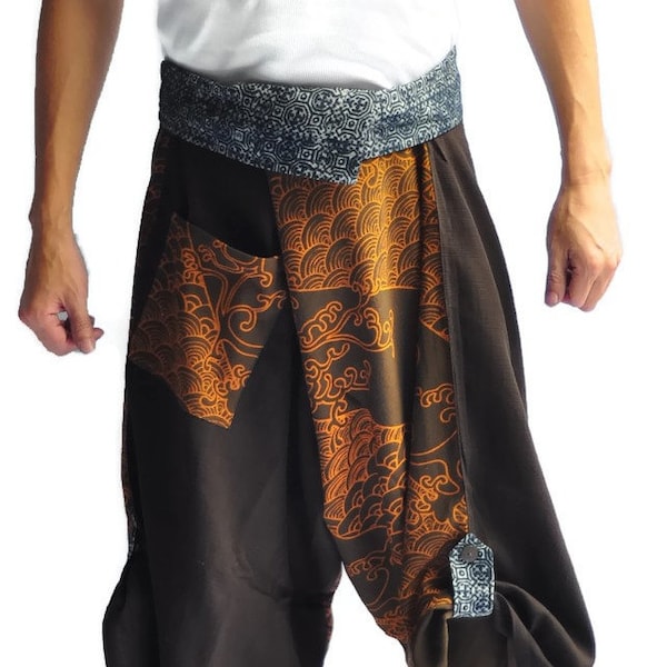 Harem Pants Samurai Pants Men's Fashion Harem Pants Yoga Pants Casual Cotton Bottoms Brown Pants Japanese design , Brown dragon wave pants