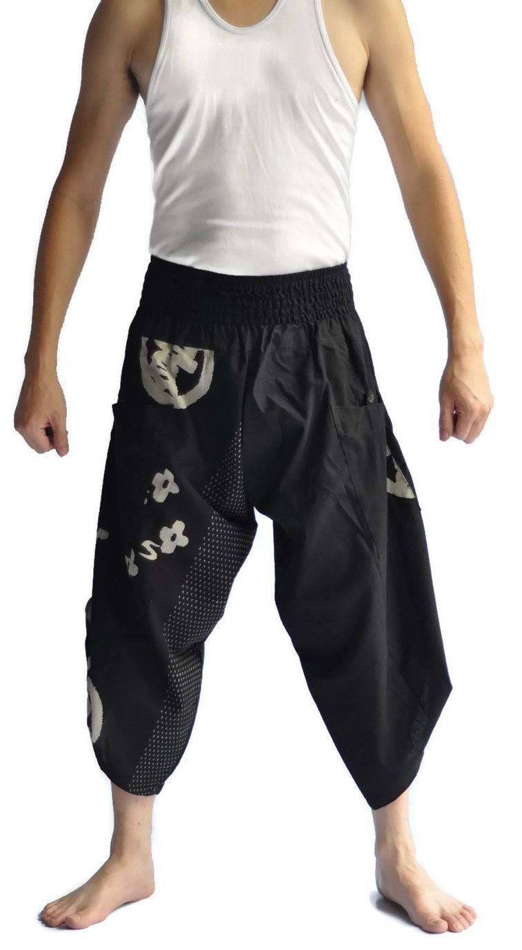 Men's Thai Fisherman Samurai Pants - Black & Red Japanese Design, 100% Cotton, One Size Fits All