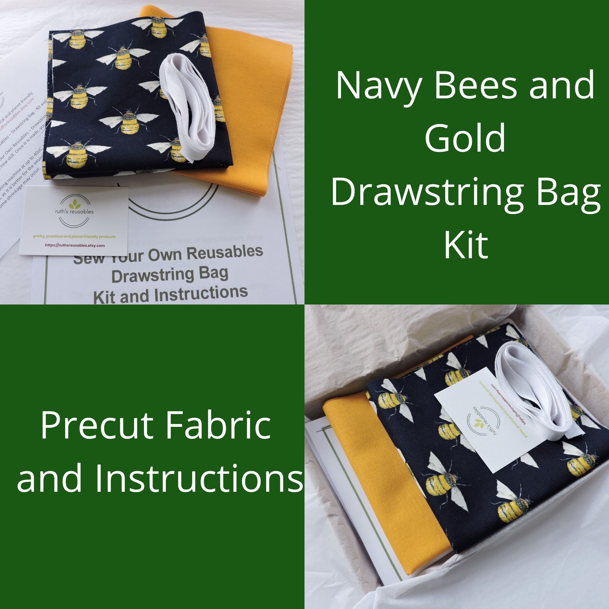 Drawstring bag sewing kit with fabric and instructions with Etsy