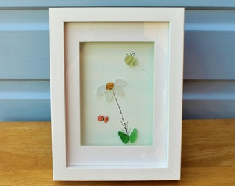 Sea Glass & Sea Shell Flower Art in White Wooden Box Frame - personalise, home decor, seaglass art, nature, bumble bee, butterfly, flower