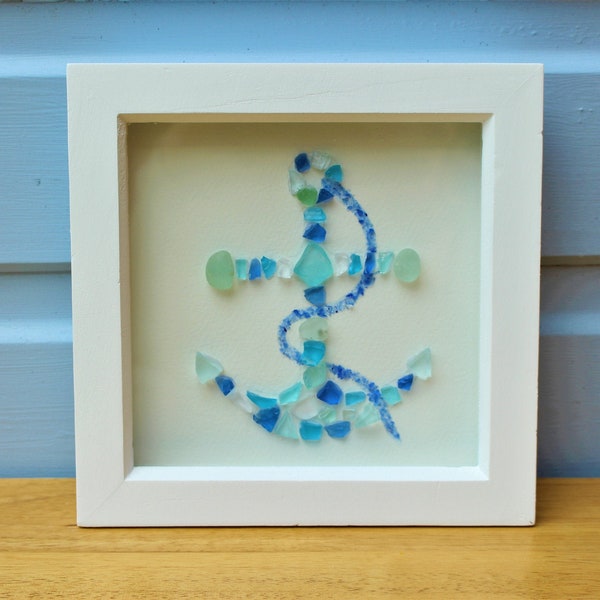 Sea Glass Anchor Art Framed in White Wooden Box Frame - home decor, housewarming, seaglass art, birthday, anchor, unique, nautical, coastal